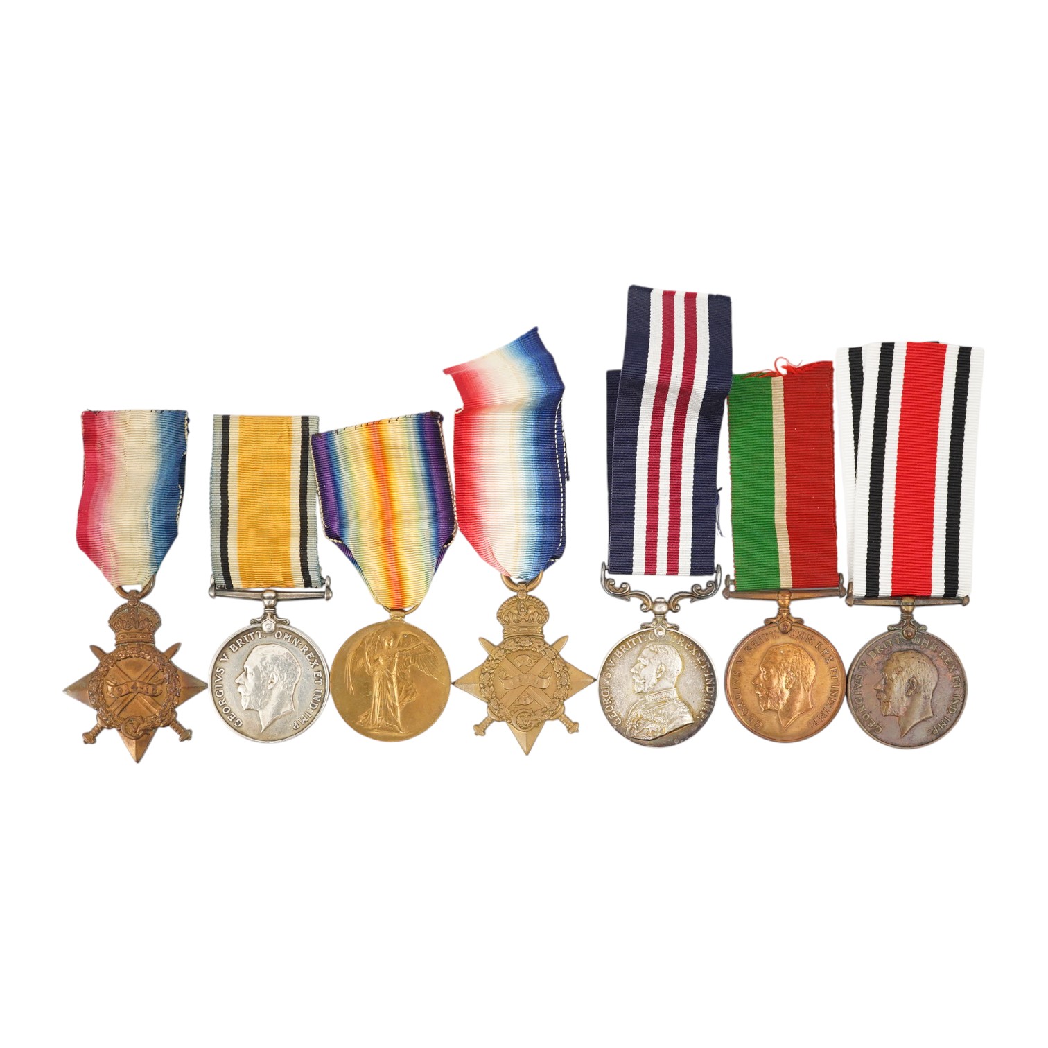 Seven First World War medals, including a Military Medal (MM) group comprising of an MMand a 1914 Star awarded to 7993 Pte. W. Grundy 1/R. SC. FUS., Military Medal possibly renamed, together with a WWI trio awarded to 22